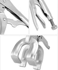 Close-up of Beefy 9 Inch Locking Pliers Set For Welding And Metalwork 4 Pack Quick Lock Release Clamps with adjustable tension.