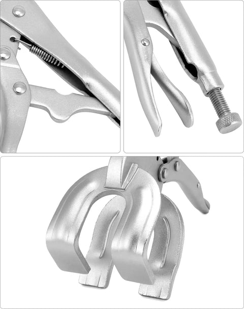 Close-up of Beefy 9 Inch Locking Pliers Set For Welding And Metalwork 4 Pack Quick Lock Release Clamps with adjustable tension.