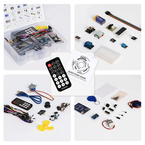 ESP32 Super Starter Kit with Tutorial and Development Board USB C, components, sensors, and quick start guide displayed.