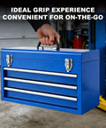 Person holding blue Three Drawer Portable Metal Toolbox With Ball Bearing Slides And Two Steel Latches, 20.5 Inch Heavy Duty Steel Chest
