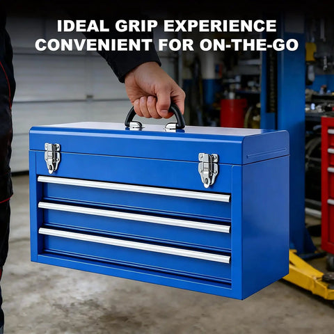 Person holding blue Three Drawer Portable Metal Toolbox With Ball Bearing Slides And Two Steel Latches, 20.5 Inch Heavy Duty Steel Chest