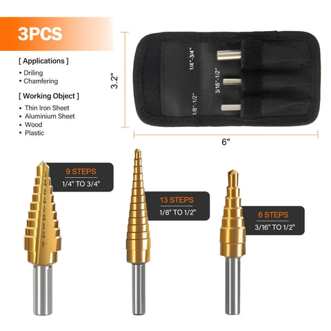 Step Drill Bit Set With 28 Size Options For Metal Wood And Plastic Titanium Coated HSS Double Cutting Blades Carry Bag 3 Piece