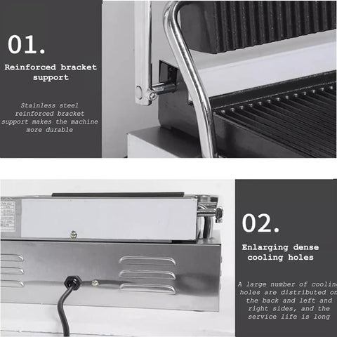 Heavy Duty 2200W Commercial Sandwich Maker And Electric Grilled Toaster showing reinforced bracket support for durability.