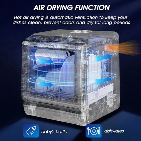 Portable Countertop Dishwasher Compact Mini Build Features Five Liter Water Tank And Swift Air Dry Cycle Slash The Soapy Scouring Hustle For Dorm Life Apartments And Weekend Rv Trips with air drying function displaying dishes inside.