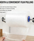 No Sweat Wall Mount Bubble Wrap Roll Dispenser With Flexible Snap Connector and Secure Side Locks for Pro Warehouse Shipping, showing bubble wrap being pulled smoothly.