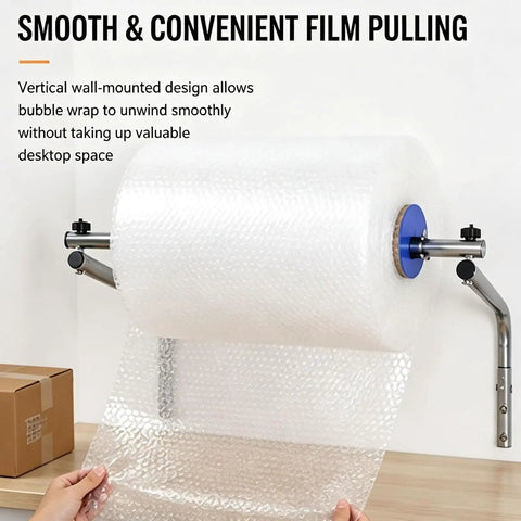 No Sweat Wall Mount Bubble Wrap Roll Dispenser With Flexible Snap Connector and Secure Side Locks for Pro Warehouse Shipping, showing bubble wrap being pulled smoothly.