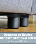 Heavy Duty Couch Connectors For Sliding Sectional Sofas 4 Pack Easy Hook And Loop Cinch Straps securing sofa legs on hardwood floor.