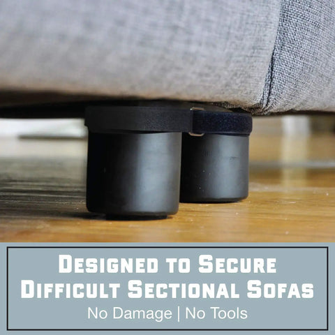 Heavy Duty Couch Connectors For Sliding Sectional Sofas 4 Pack Easy Hook And Loop Cinch Straps securing sofa legs on hardwood floor.