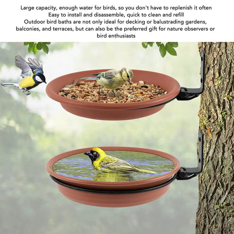 All In One Bird Feeder Tray And Bath Kit With Heavy Duty Metal Ring Fence For Backyard Deck And Fence Mounts Indoor Or Outdoor Wall Use Includes 2 Pots And 2 Brackets For Easy Wall Or Rail Placement