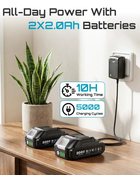Two 2.0Ah battery packs charging on a wooden surface with power adapter, plant in background, text overlay 'All-Day Power'.