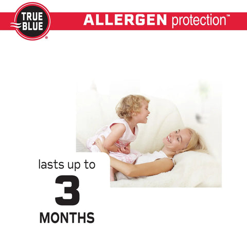 Smiling mother and child with True Blue allergen protection text and 3 months duration, representing 12x30x1 MERV 11 Allergen Air Filter.