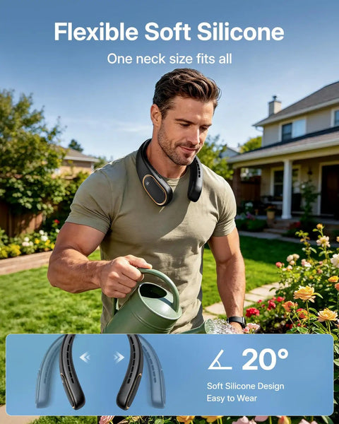 Man wearing Neck Fan Portable Personal Cooling Device With 5000mAh Rechargeable Battery, Hands Free Wearable Bladeless Design, flexible