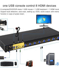 8 Port HDMI KVM Switch Delivering Smooth 4K 60Hz Video And USB 3.0 Ports, black chassis showing connections to devices and monitor.