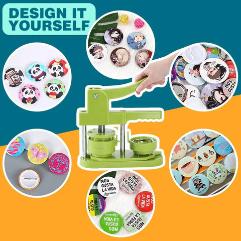 DIY 58mm Button Maker Kit Third Gen Installation Free Badge Press with 100 Parts, featuring custom pin badges and pictures.