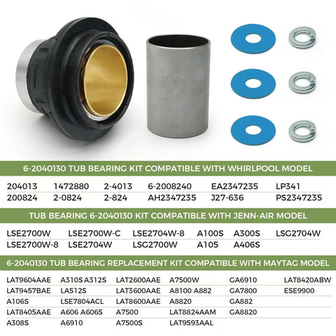 Heavy Duty Washer Tub Bearing Repair Kit For Whirlpool Maytag with aluminum and steel parts for top load machines.