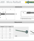 Low Profile Handrail Connector Micro Railbolt with specifications and measurements for DIY staircase fittings, heavy duty design.