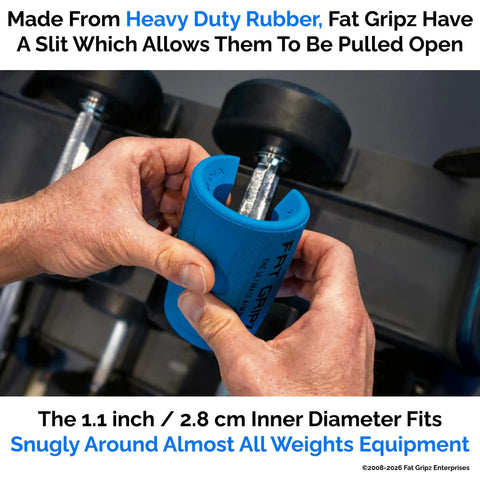 Grip Trainer And Arm Builder With Thick Two And A Quarter Inch Grips For Barbell Dumbbell Handles And Pull Up Bars To Boost Grip Strength And Arm Size Fast For Bigger Arms And A Beast Mode Grip On Every Workout Session shown being applied to a dumbbell handle