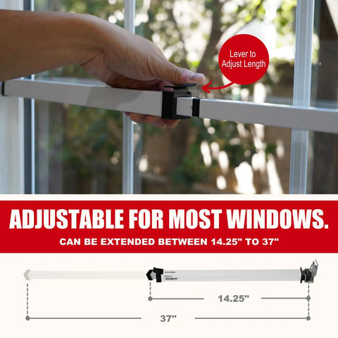 Extendable Window Security Bar 14.25 to 37 Inches Heavy Duty Iron Easy Install Child Proof For Horizontal And Vertical Windows White Finish Deterrent Provides Up To 250 Pound Force For Extra Home Security being adjusted.