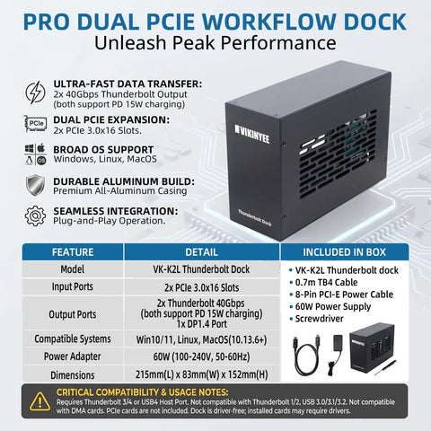 Dual Thunderbolt 4 To PCIe 3.0 X16 Expansion Chassis For Laptop And Desktop With 40gbps Throughput Plug And Play Beast showing aluminum build and ports.