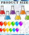 178 Piece Science Party Decorations Kit with Erlenmeyer flask props, assorted balloons, chains, and ribbon layout.