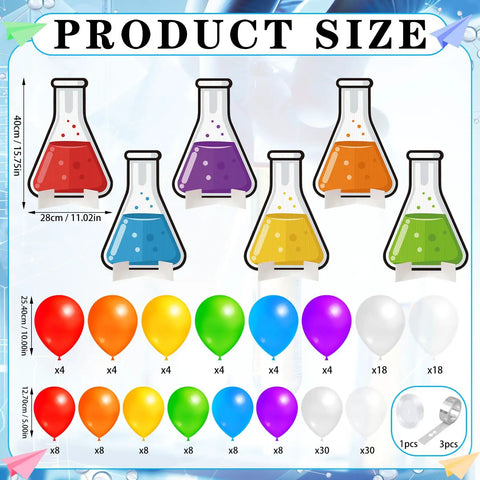178 Piece Science Party Decorations Kit with Erlenmeyer flask props, assorted balloons, chains, and ribbon layout.