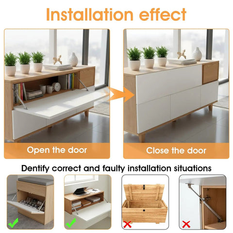 Four Pack Drop Down Gas Struts For Drop Front Desks, 100 Newtons, installation effect with open and closed cabinet doors