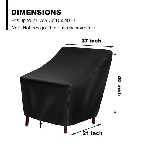 Heavy Duty Waterproof Patio Chair Cover For Deep Seated Lounge Chairs All Weather Outdoor Furniture Built Tough Shield With 420D Oxford Fabric PVC Coated Liner Tear Resistant Fits Veranda Lawn Backyard Black, covering chair with dimensions 37x21x40 inches.