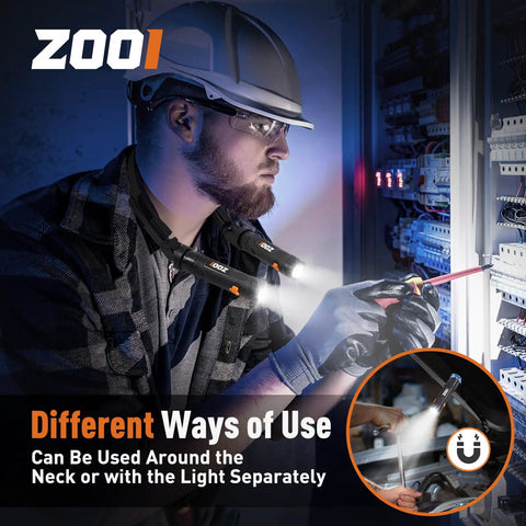 Worker using Rechargeable Neck Light With Magnetic Detachable Design and hands free LED flashlight for electrical work.