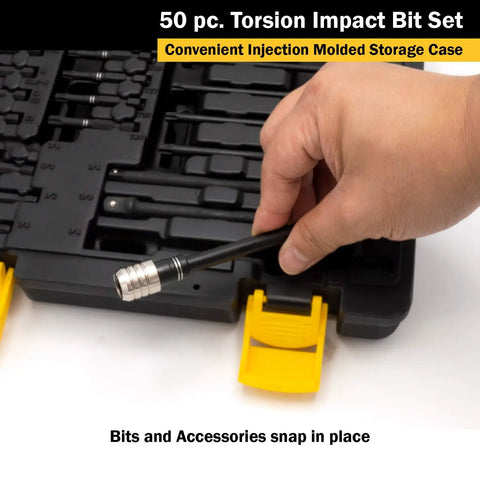 Hand holding drill bit from Beefy Flex Torsion Impact Bit Set, 50 Piece Kit for Drill Drivers, includes Phillips, and square drive bits.