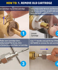 Steps to remove Moen 1222 Replacement Cartridge Kit with Puller and Retainer Clip for single handle tub and shower valves.