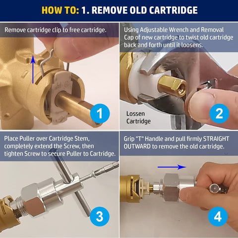 Steps to remove Moen 1222 Replacement Cartridge Kit with Puller and Retainer Clip for single handle tub and shower valves.