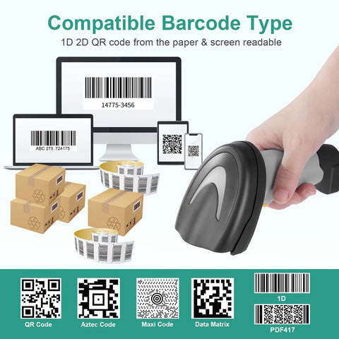 Handheld Barcode Scanner With USB Wired Connection, 1D 2D and PDF417 Data Matrix Reader scanning barcodes from screens and boxes