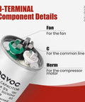 Image of Dual Run AC Capacitor 45 Plus 5 UF 370 440V CBB65 UL Listed, showing 3-terminal details for AC units.