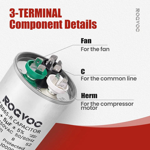 Image of Dual Run AC Capacitor 45 Plus 5 UF 370 440V CBB65 UL Listed, showing 3-terminal details for AC units.