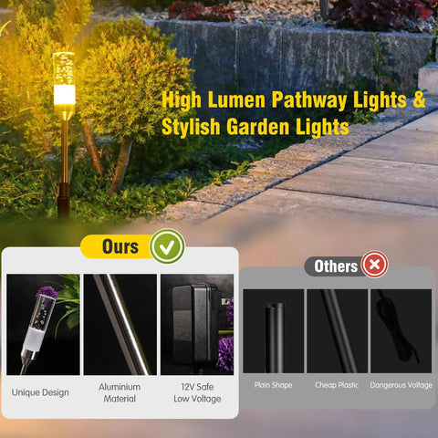 Extendable LED Pathway Lights 6 Pack Low Voltage 12V AC DC 570 Lumen Yard Walkway Driveway Landscape Lamps IP65 Waterproof 2700K Crystal Clear Transparent Bodies For Elegant Outdoor Garden Lighting showcasing light and quality features.