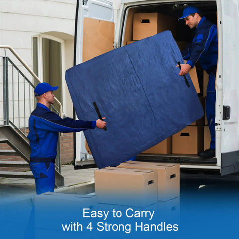 Two people loading waterproof mattress bag for moving and storage queen size 82 inch by 63 inch by 15 inch into a van.