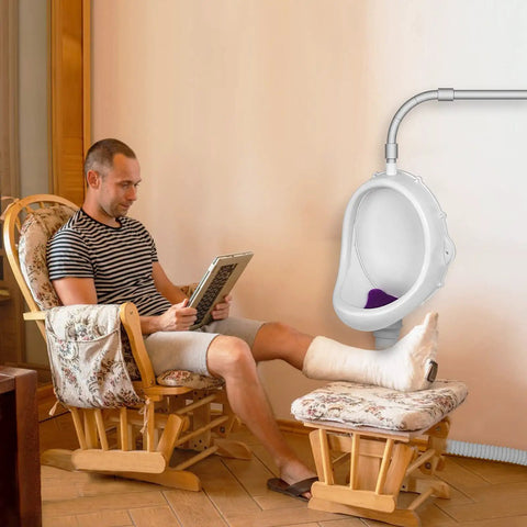 Man sitting with leg elevated next to waterless portable urinal for men large plastic urinal with inlet pipe connection