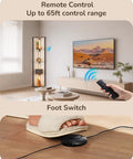 Remote control and foot switch for Go To Space Saving Floor Lamp With Built In Table And Shelves in living room.