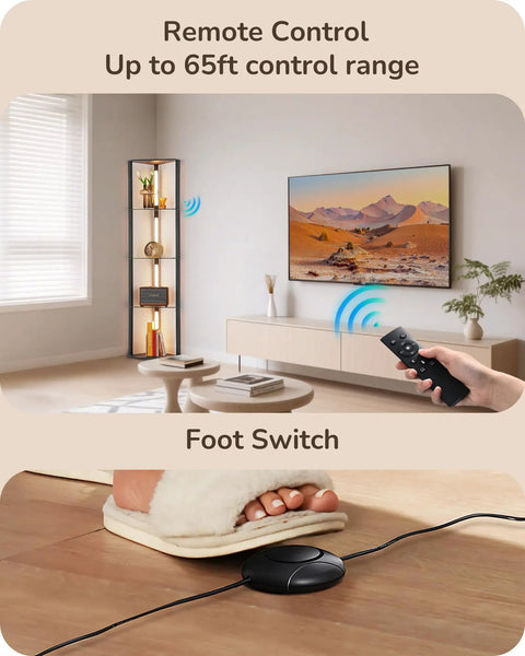 Remote control and foot switch for Go To Space Saving Floor Lamp With Built In Table And Shelves in living room.