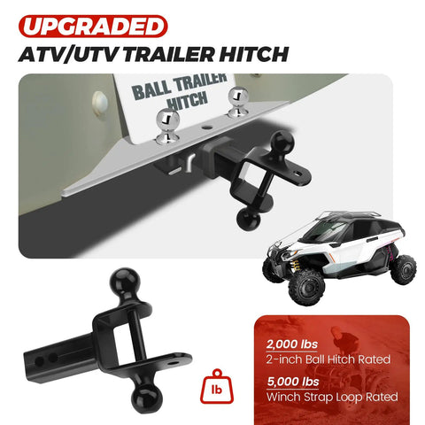 Dual Ball Trailer Hitch Receiver For ATV UTV With 5000 Lbs GTW Three In One Multi Hitch Includes 2 Inch And 1 7 8 Inch Balls Fits 2 Inch Receiver Rise 1 Inch beefed up heavy duty towing mount with pin, black steel