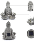 Chill Zen Buddha Statue With LED Solar Lotus Lights For Garden Patio Decor Sitting Meditating Sakyamuni Figurine, front and back view with LED details