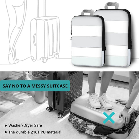 Compression Packing Cubes 5 Piece Set Travel Organizer Boxes with Zippers for Women and Men, two gray and white cubes shown, durable material.
