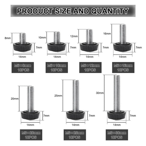 Top Tier M6 Thumb Screw Kit Packs 70 Heavy Duty Knurled Knobs sizes and quantities displayed with dimensions for quick reference.