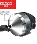Side view of Saltfisher Spincast Fishing Reel 80 Size with oversized handle, stainless steel ball bearing drive, dual ceramic pick-up pins.