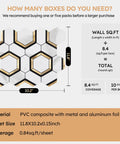 Diagram of Peel And Stick Hexagon Backsplash Tiles In White And Gold With Marble Veins Self Adhesive PVC Mixed Metal Look with dimensions