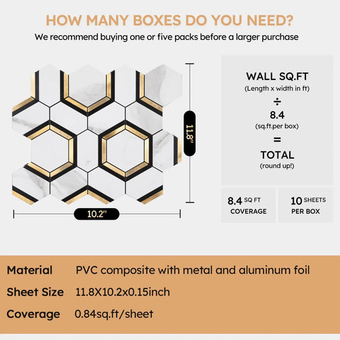 Diagram of Peel And Stick Hexagon Backsplash Tiles In White And Gold With Marble Veins Self Adhesive PVC Mixed Metal Look with dimensions