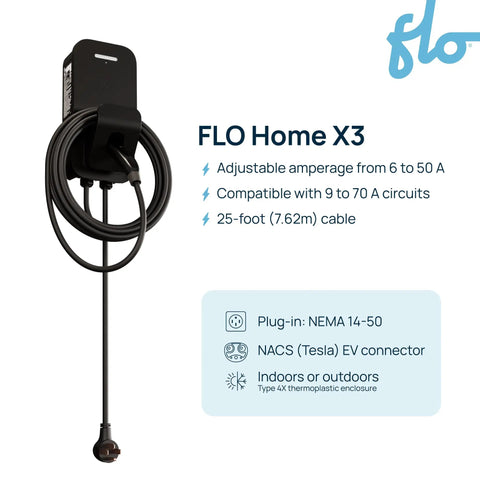 Fhome X3 Level 2 Ev Charger For Home Use With 12 Kw Power Output Delivers Up To 50 Amps At 240 Volts Featuring Nema 14-50 Plug-In Setup Plus 25 Ft Cord and adjustable ampage, 25-foot cable.