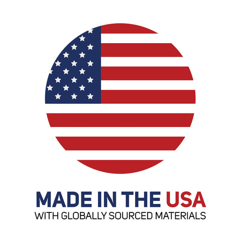 American flag circle with 'Made in USA with globally sourced materials' text below.