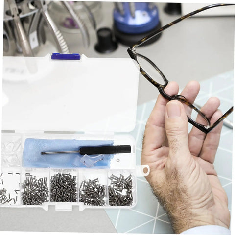 All In One Glasses Repair Kit Set With Assorted Screws Nose Pads Mini Screwdrivers And Accessories For Quick On The Go Eyewear Fixes At Home Or Travel Anywhere shown in use with glasses.