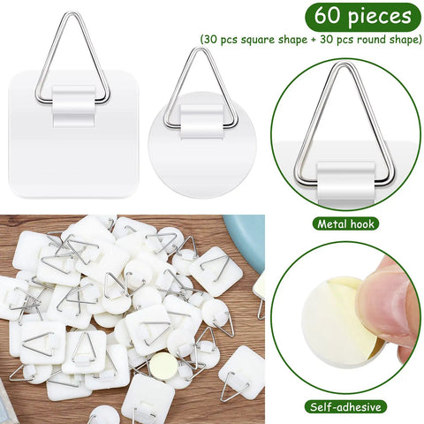 60 Piece Adhesive Plate Hangers No Nail Invisible Sticky Hooks Wall Round And Square Self Adhesive Frame Holders For Decorative Plates Photo Frames Art Displays Paintings And More Damage Free Easy Install Bulk Hanger Pack, showing metal hooks on adhesive bases with a bulk set.